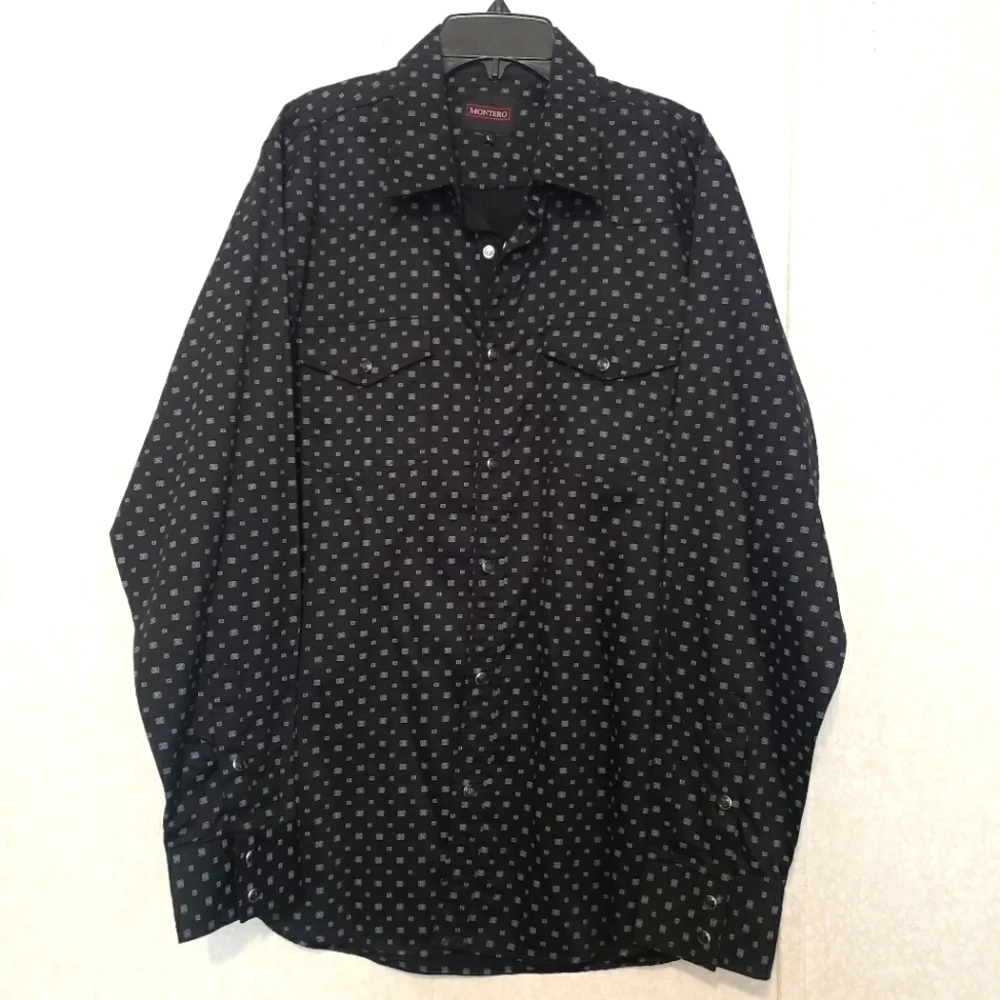 MONTERO..LONG SLEEVE BUTTON UP SHIRT...SIZE:L COLOR:BLACK-GRAY